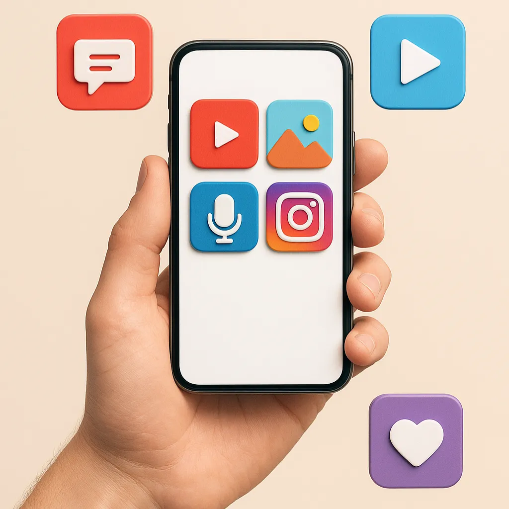 photo téléphone en main avec icônes de réseaux sociaux