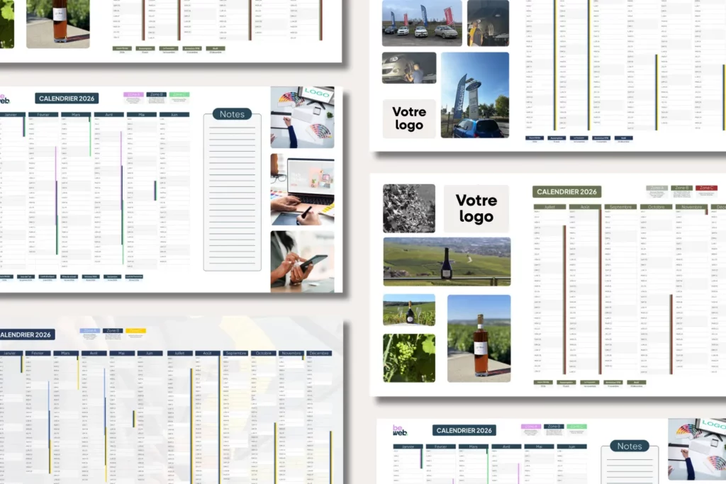 plusieurs calendriers avec images et emplacements pour logo